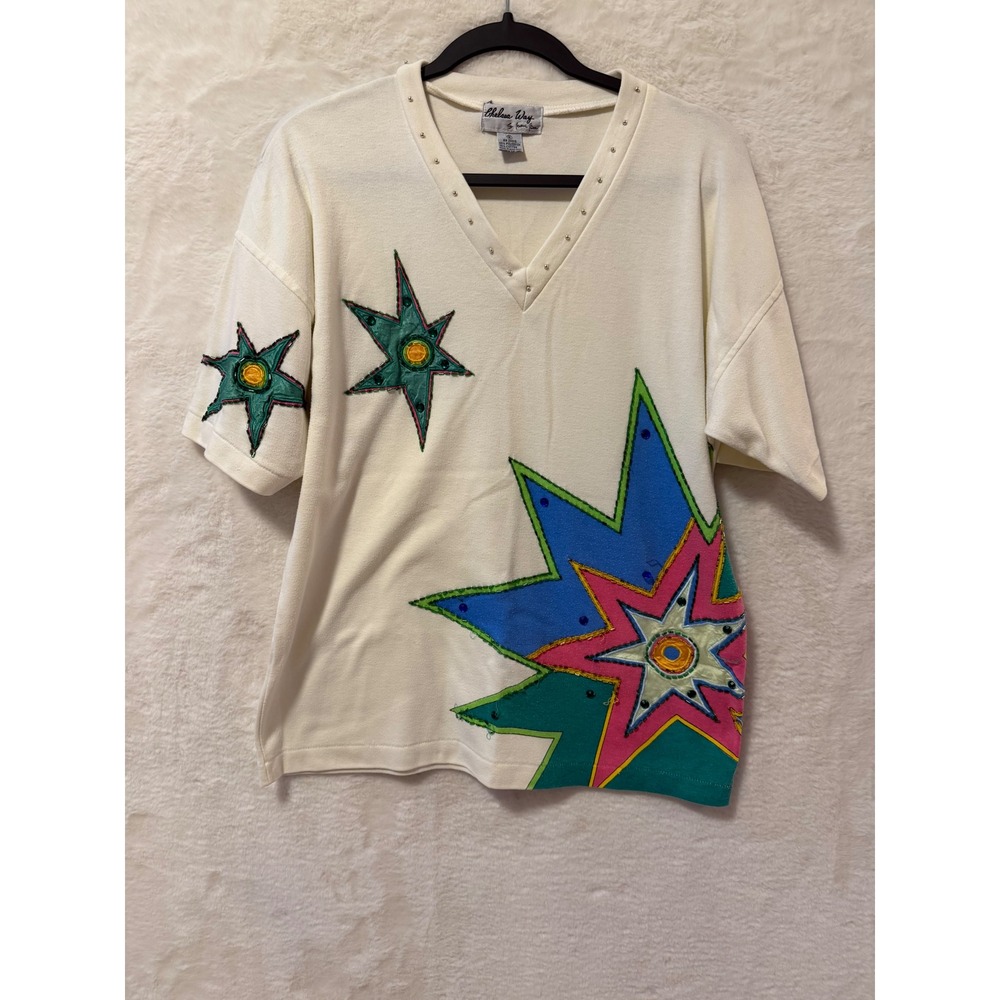 Vintage 90s Chelsea Way Naomi Bee Top S Beaded Starburst Pop Art Hong Kong